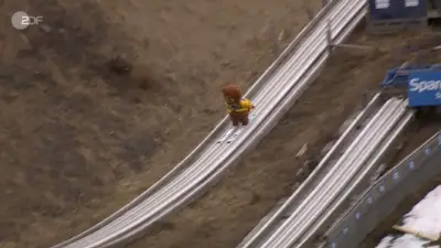 Mutiger Maskottchen-Sprung: Bär wagt sich von Skisprungschanze in Vikersund